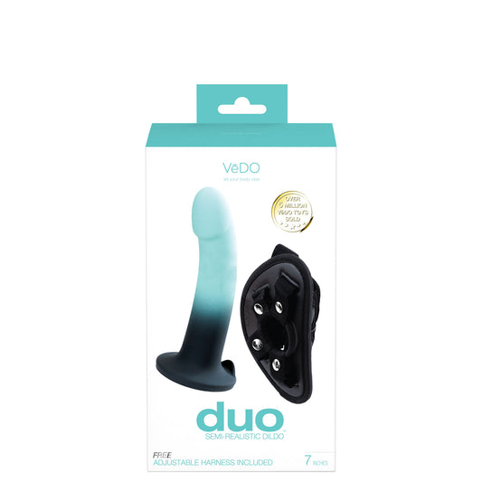 Duo Semi-Realistic Dildo With Harness - Turquoise/black